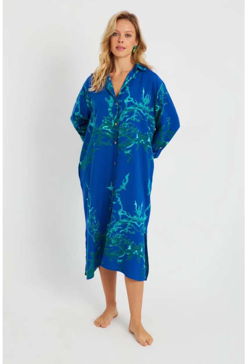 Kadın Desenli Gömlek Elbise Saks LV174