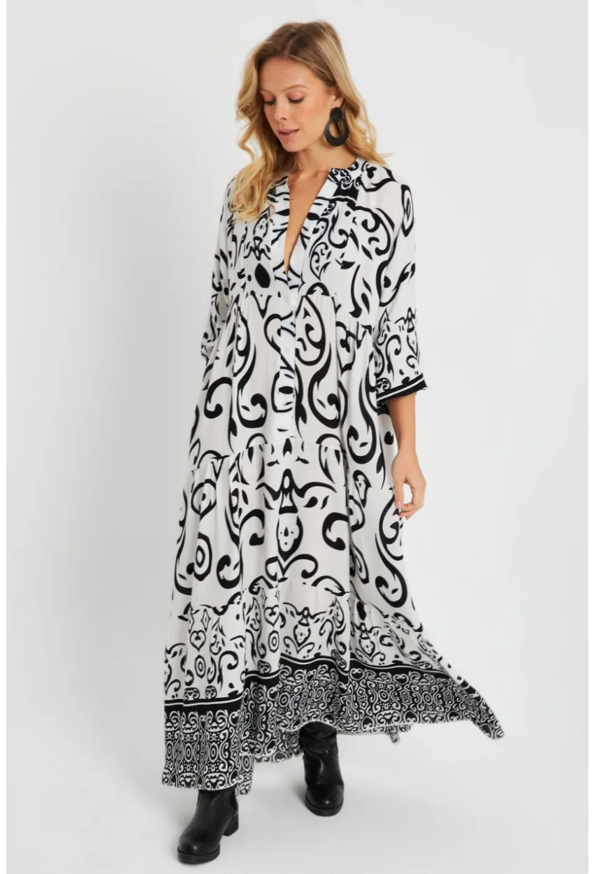Kadın Desenli Salaş Maxi Elbise Beyaz-Siyah Q981