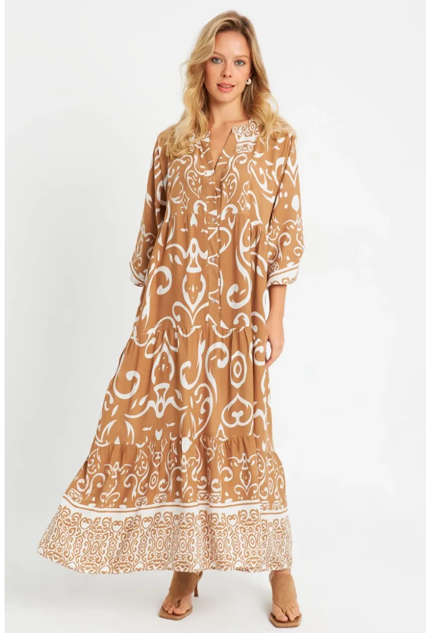 Kadın Desenli Salaş Maxi Elbise Camel Q981