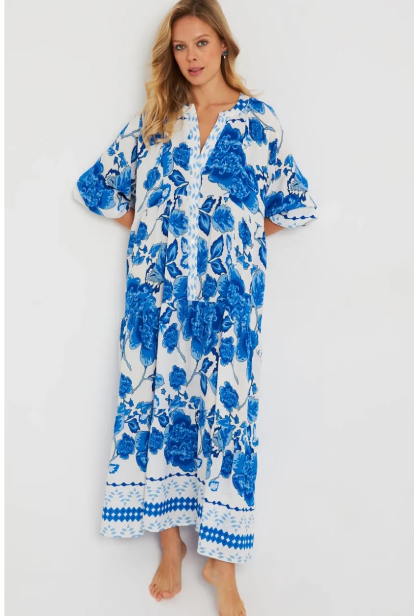 Kadın Desenli Salaş Maxi Elbise Mavi Q981