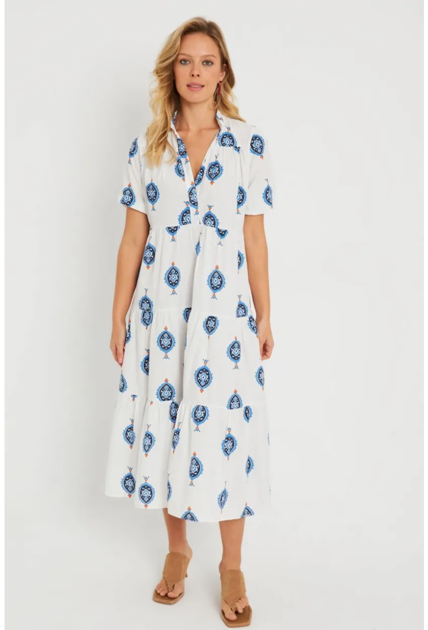 Kadın Desenli Salaş Mini Elbise Beyaz ASH23046