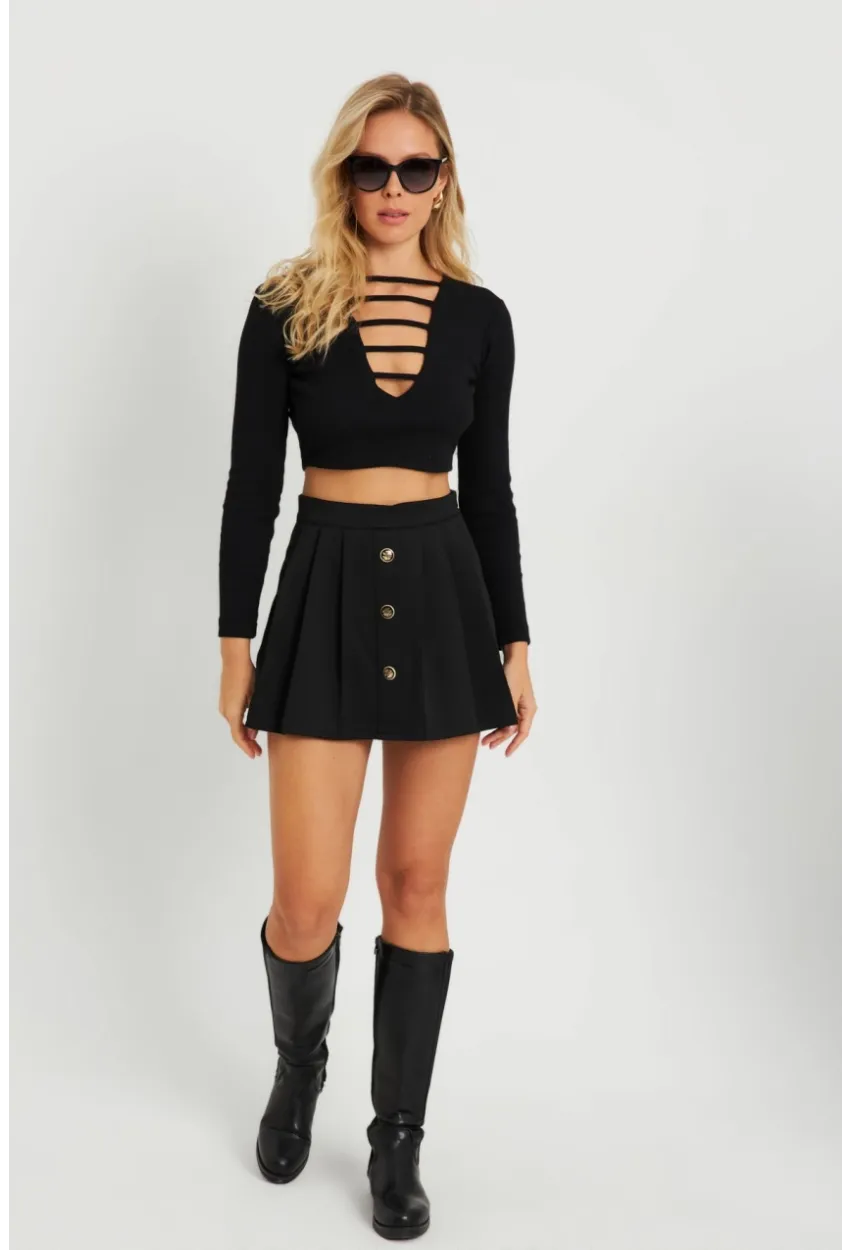 Kadın Düğme Detaylı Şort Etek Siyah KED0051