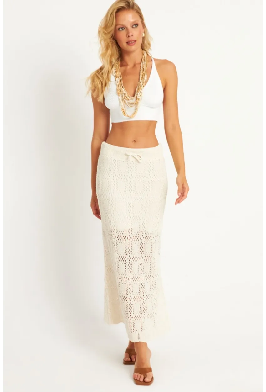 Kadın Ekru Ajurlu Astarlı Triko Maxi Etek TOP05