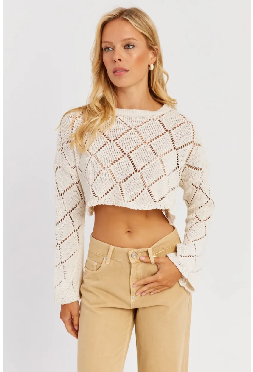 Kadın Ekru Ajurlu Kısa Triko Bluz YZ628