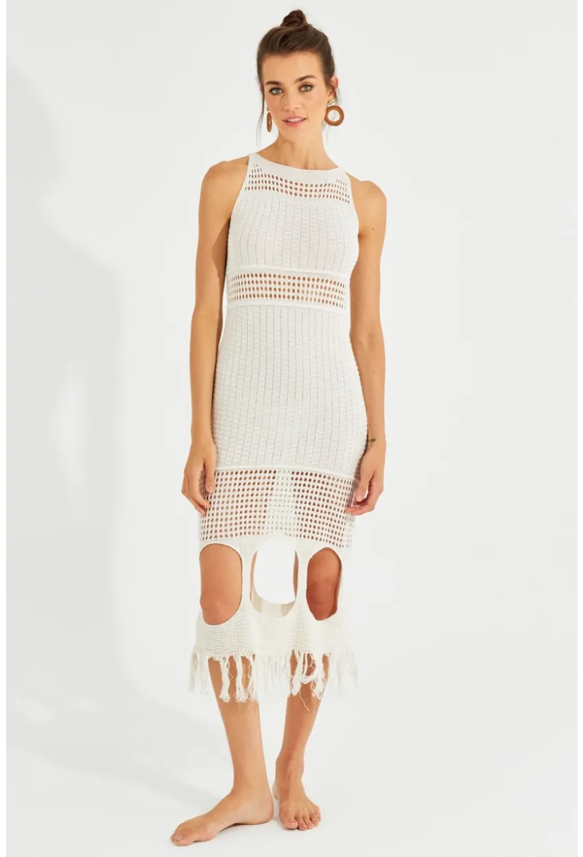 Kadın Ekru Ajurlu Maxi Plaj Elbisesi KZ521