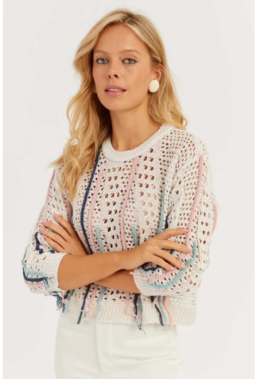 Kadın Ekru Ajurlu Renkli Triko Bluz MİW2761
