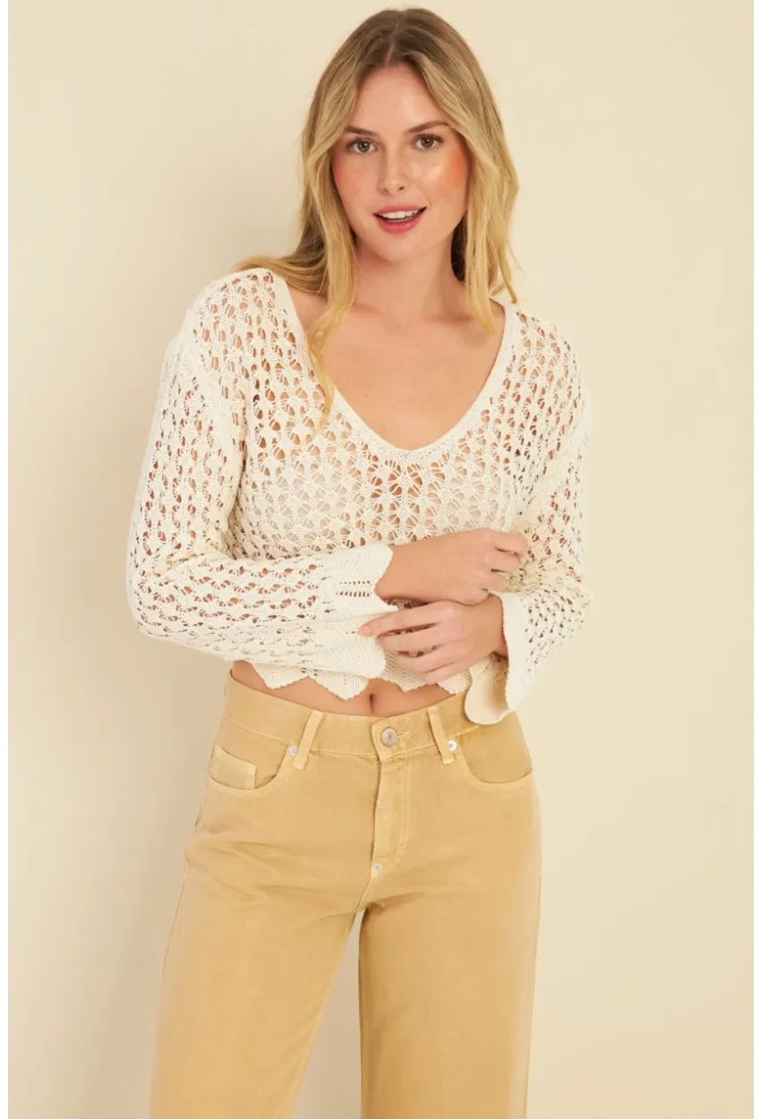 Kadın Ekru Ajurlu Triko Bluz MZU603