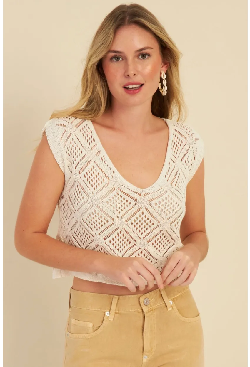 Kadın Ekru Ajurlu Triko Bluz MZU606