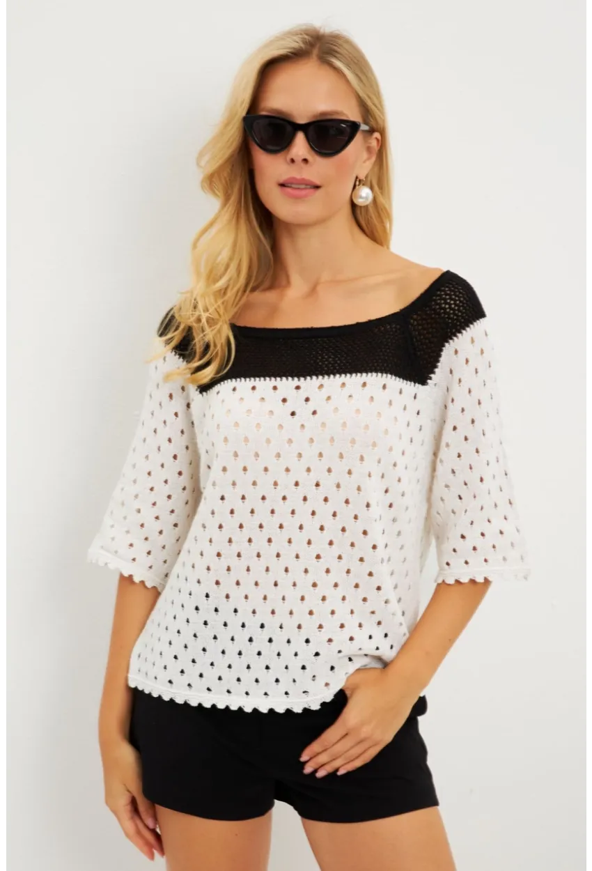 Kadın Ekru Ajurlu Triko Bluz YV230