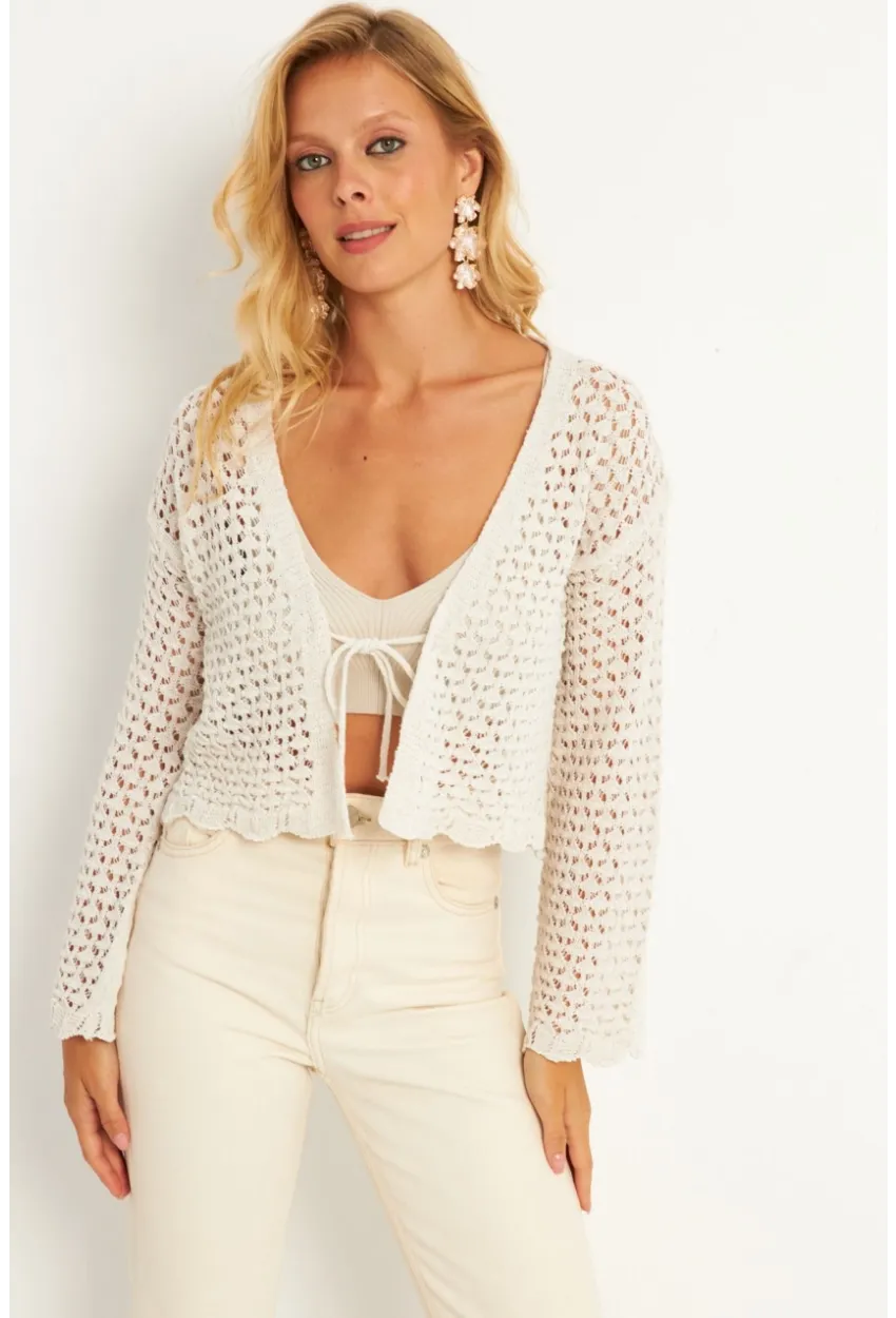 Kadın Ekru Ajurlu Triko Hırka YV248