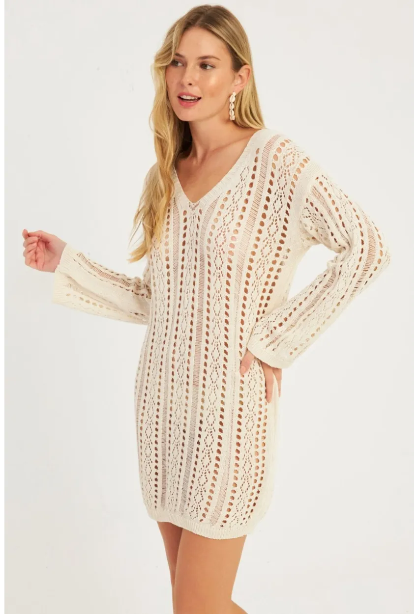 Kadın Ekru Ajurlu Triko Mini Elbise MZU605