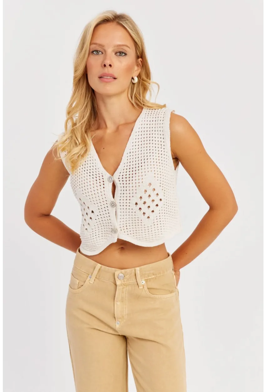 Kadın Ekru Ajurlu Triko Yelek YZ627