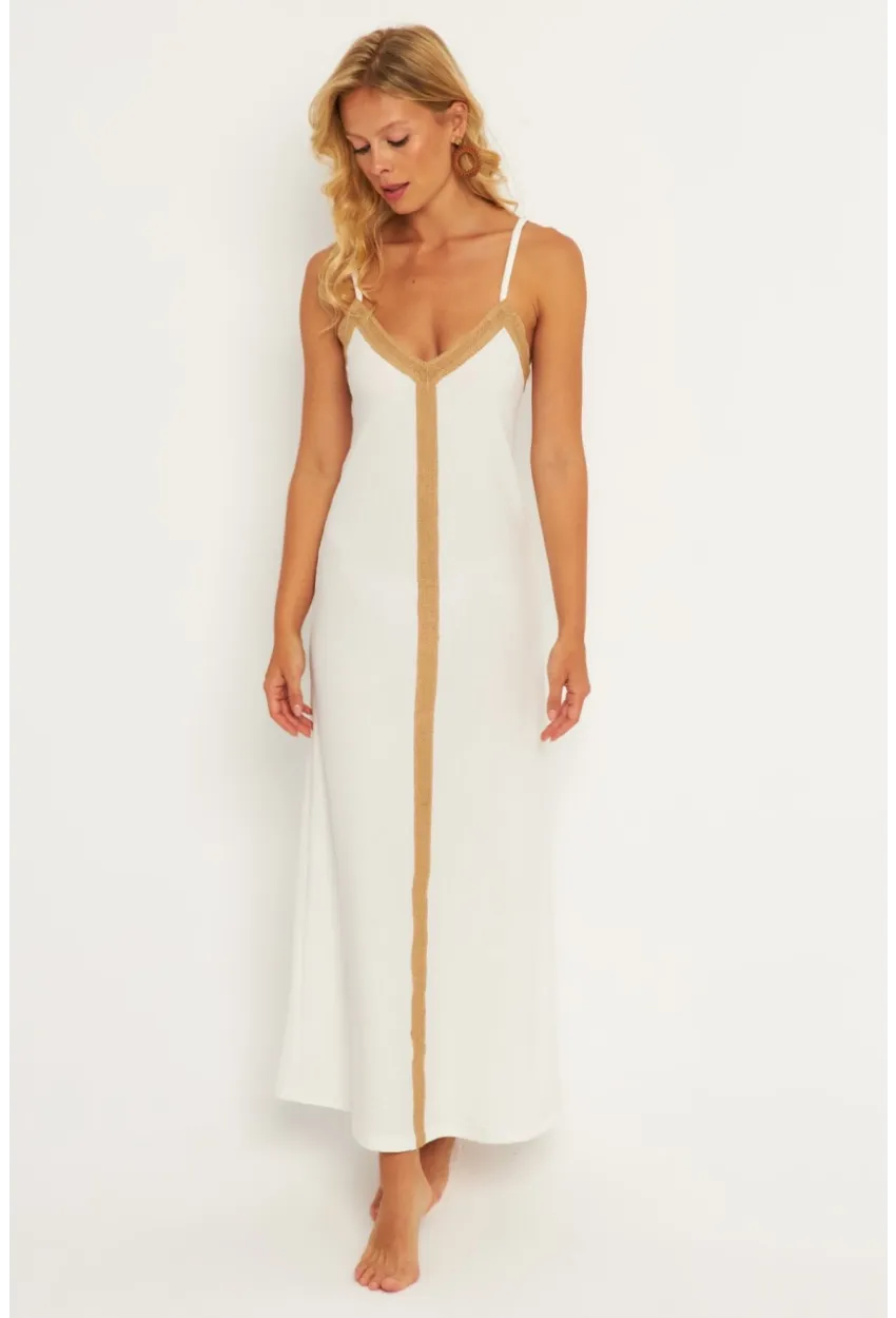 Kadın Ekru Aksesuarlı Bürümcük Midi Plaj Elbise EY2839