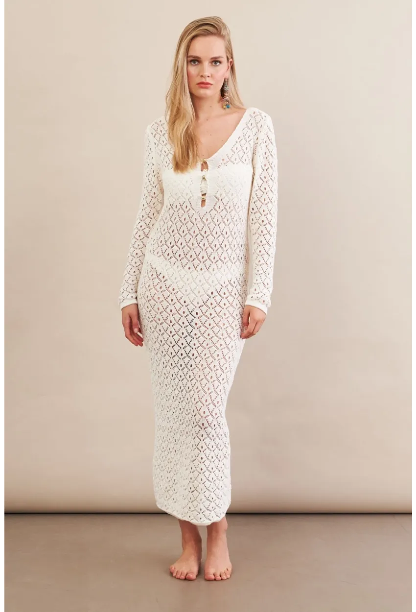 Kadın Ekru Aksesuarlı Triko Plaj Elbisesi KZ3237-90
