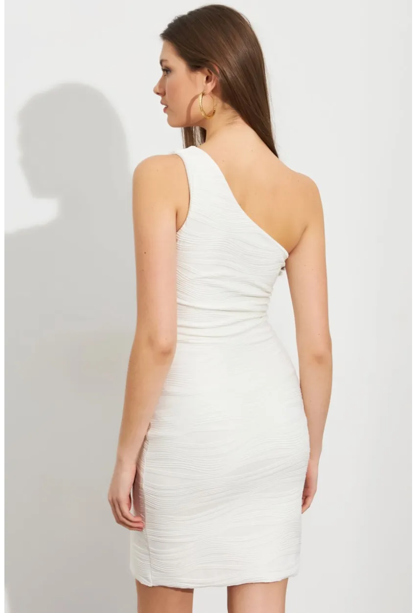 Kadın Ekru Asimetrik Yaka Astarlı Mini Elbise LİT109-1