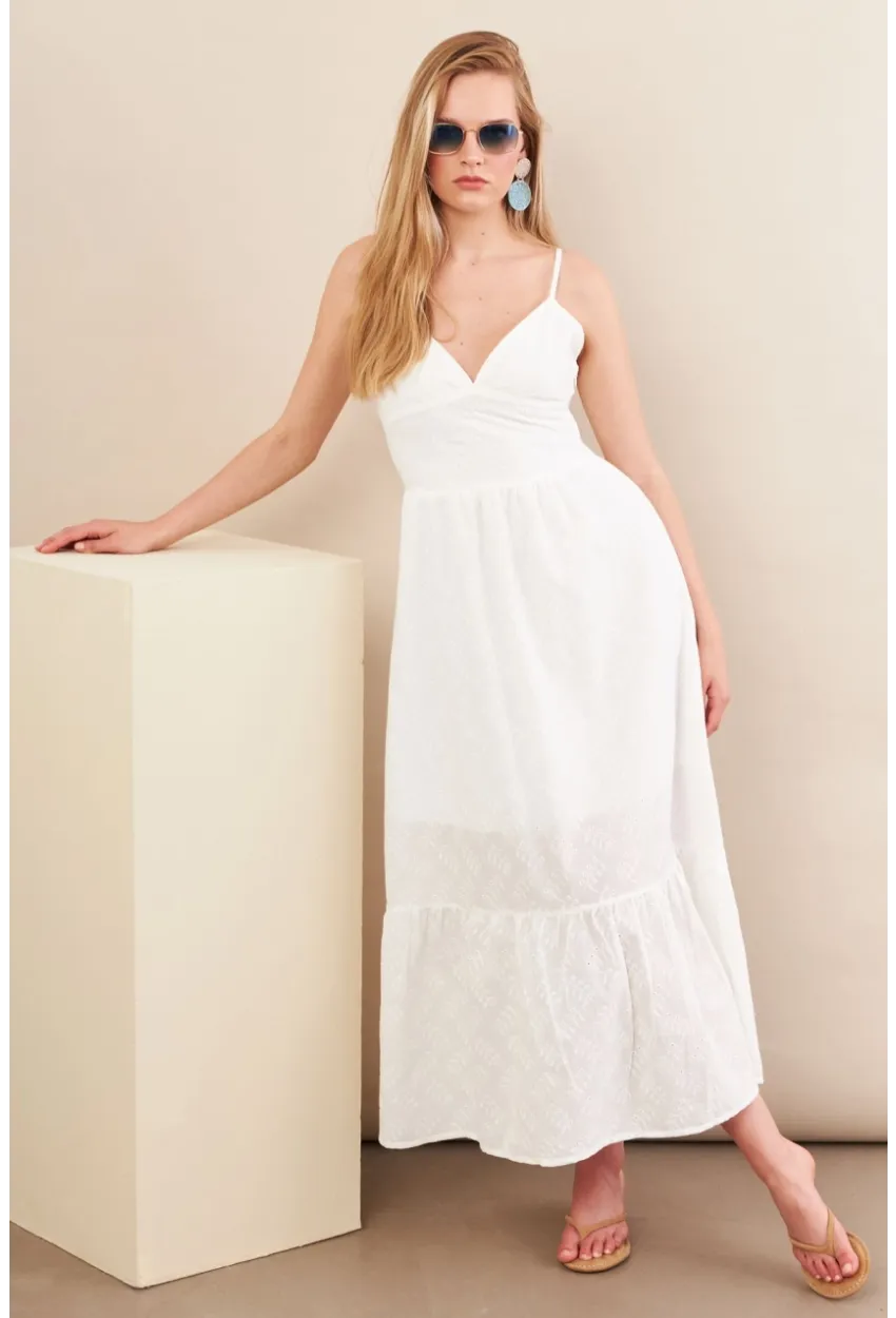 Kadın Ekru Ayarlanabilir Askılı Fistolu Midi Elbise İRE100
