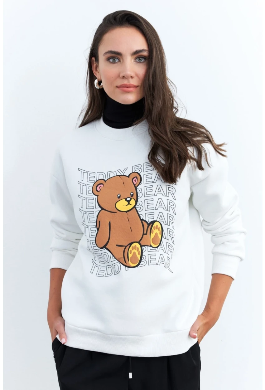 Kadın Ekru Ayıcık Baskılı Sweatshirt MZM288