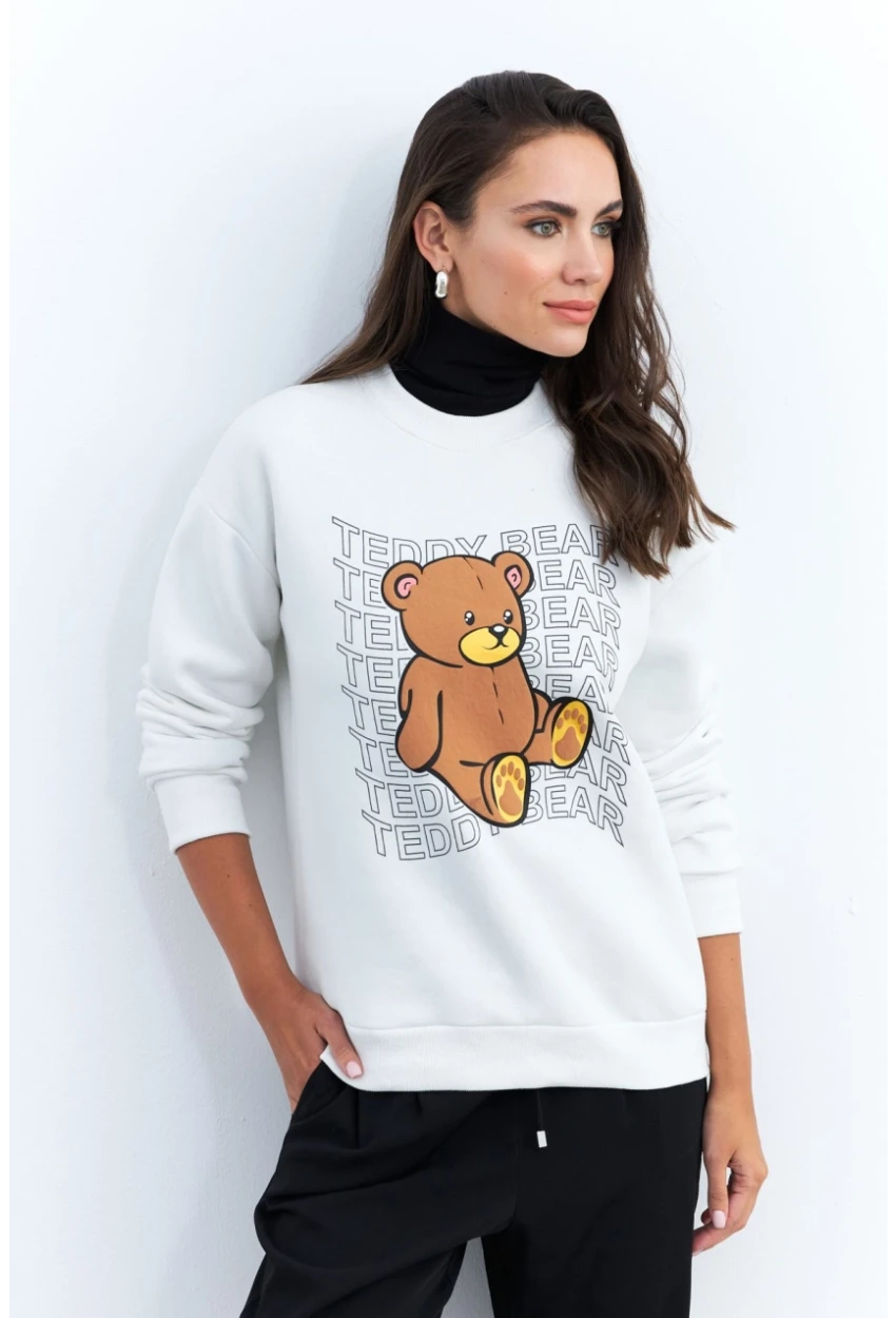 Kadın Ekru Ayıcık Baskılı Sweatshirt ZM288