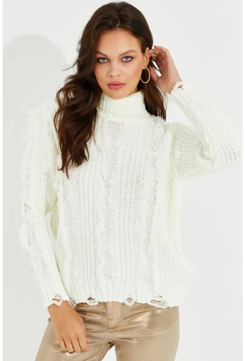 Kadın Ekru Balıkçı Yaka Püsküllü Triko Kazak KZ2471