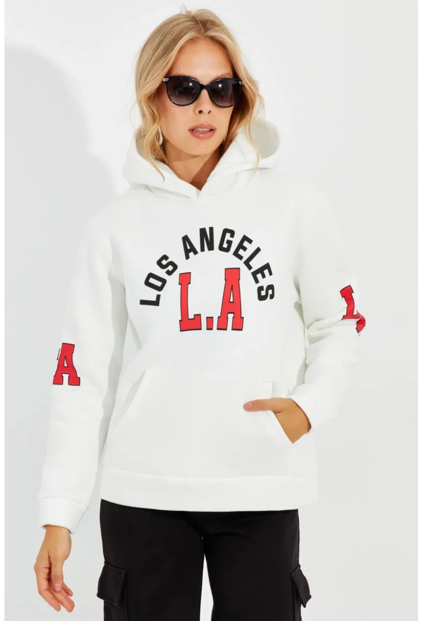 Kadın Ekru Baskılı Kapüşonlu Sweatshirt DA146