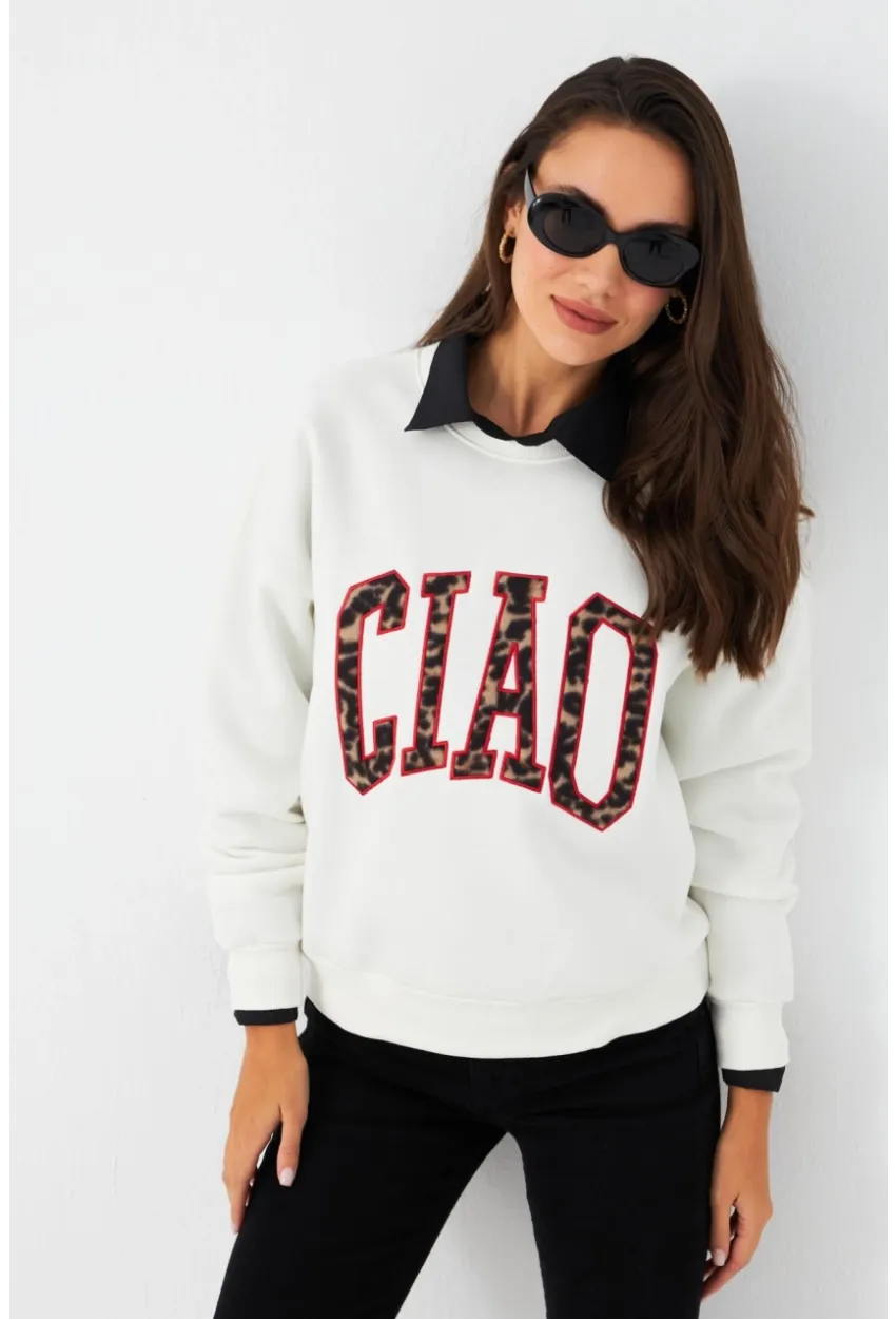 Kadın Ekru Baskılı Sweatshirt MPP6429