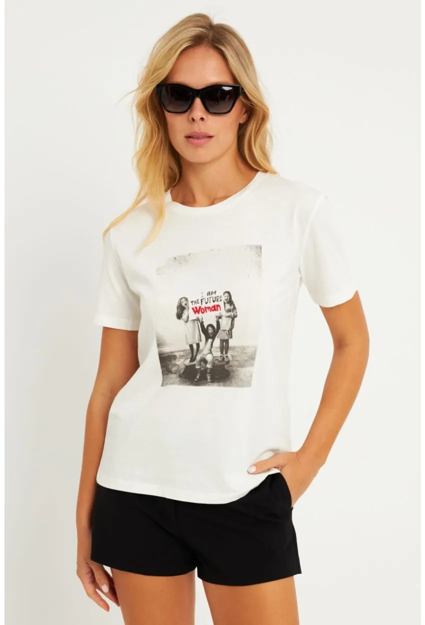 Kadın Ekru Baskılı T-Shirt AYD322