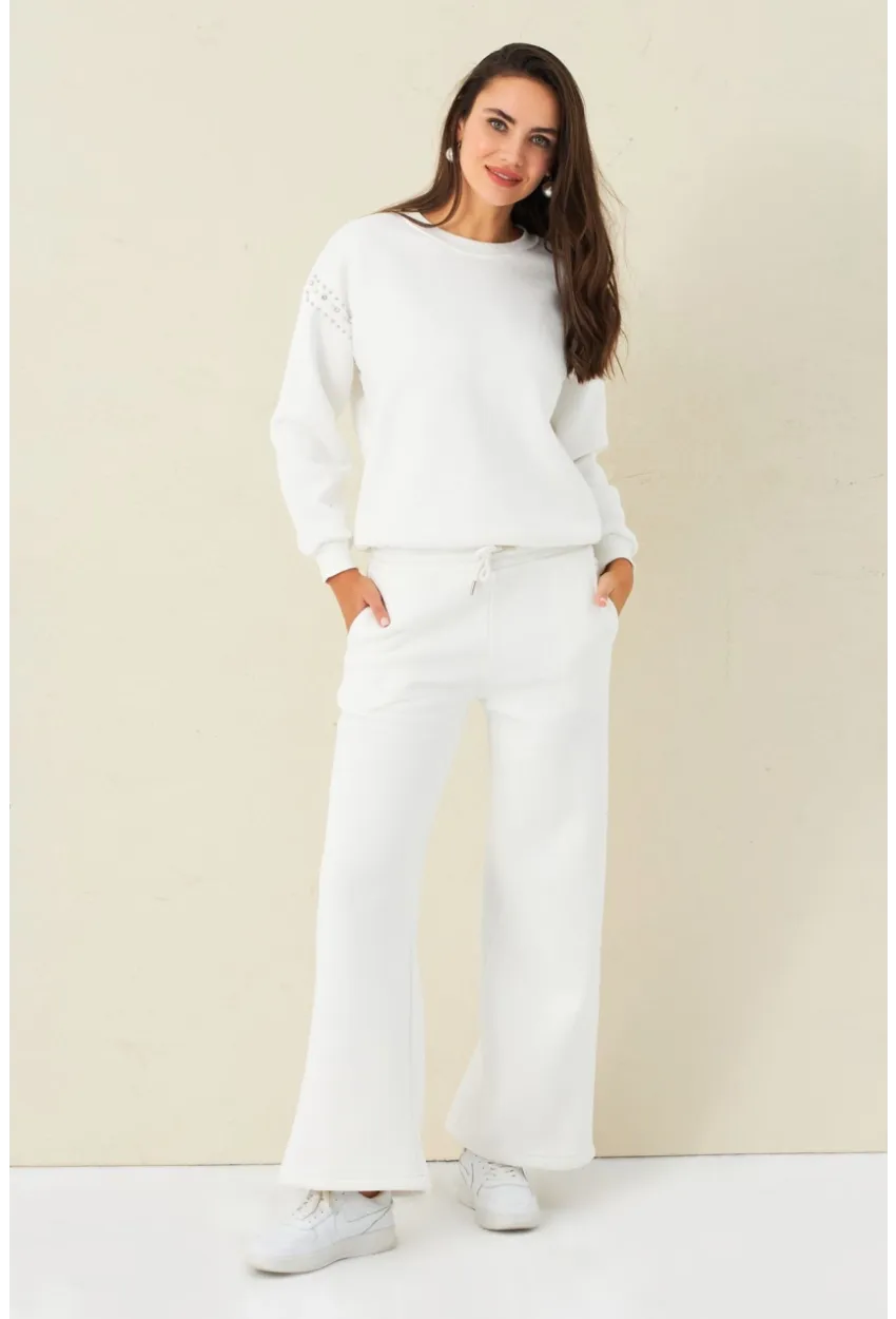 Kadın Ekru Beli Lastikli Palazzo Eşofman Altı ZM30