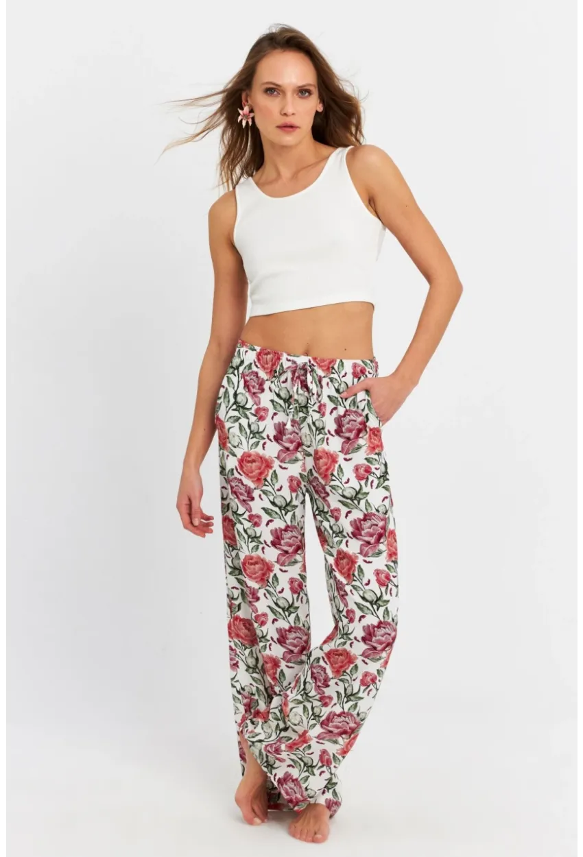 Kadın Ekru-Bordo Çiçek Desenli Pantolon FLS03