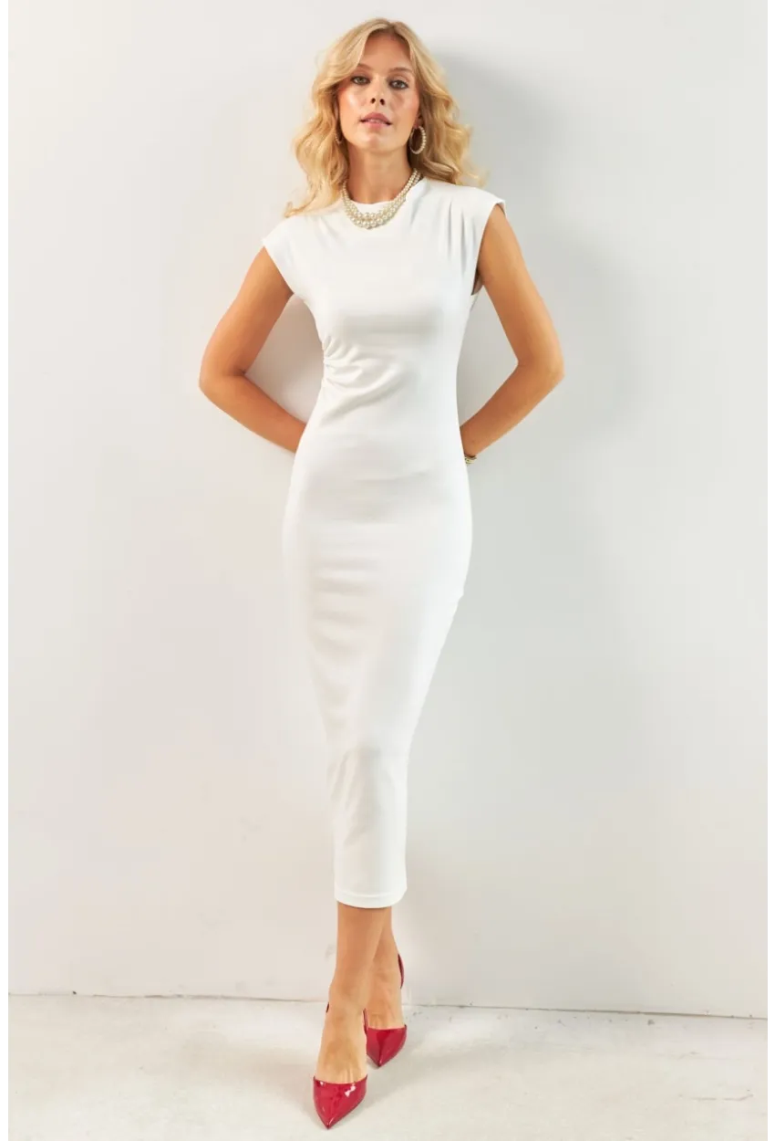 Kadın Ekru Boyun Bağlamalı Büzgülü Midi Elbise KED4281