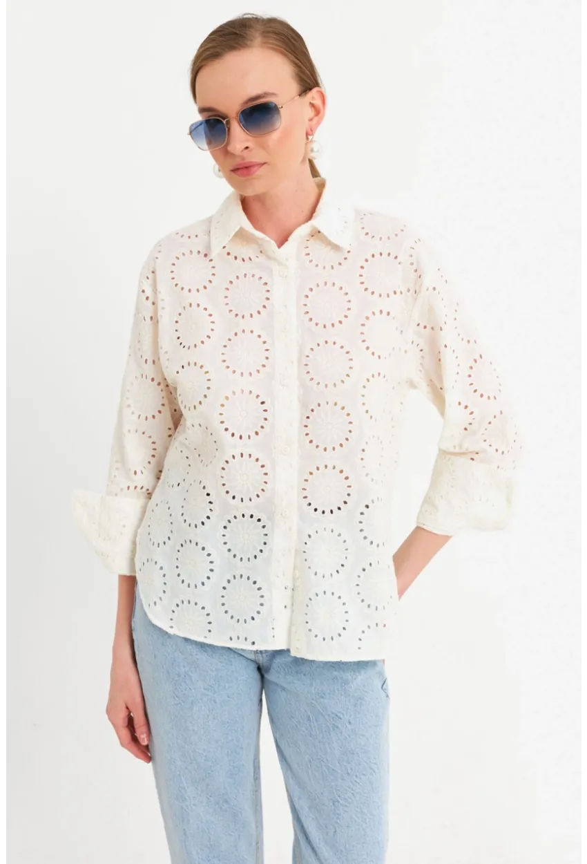 Kadın Ekru Brode Gömlek MCAR1144
