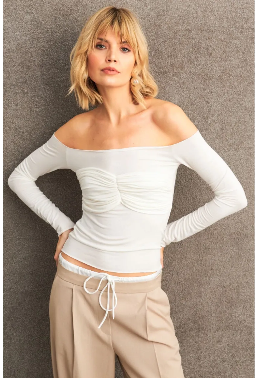 Kadın Ekru Büzgülü Bluz HOR0070