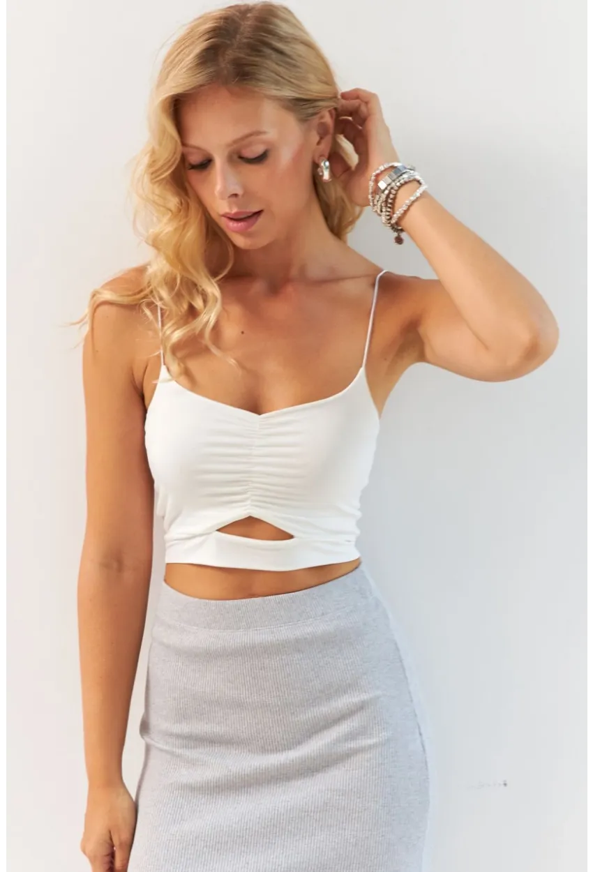 Kadın Ekru Büzgülü Crop Bluz MSH125