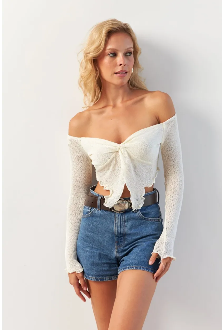 Kadın Ekru Büzgülü File Bluz OW146