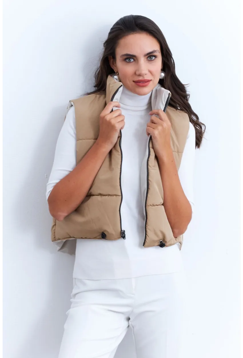 Kadın Ekru-Camel Çift Taraflı Şişme Kısa Yelek MX12