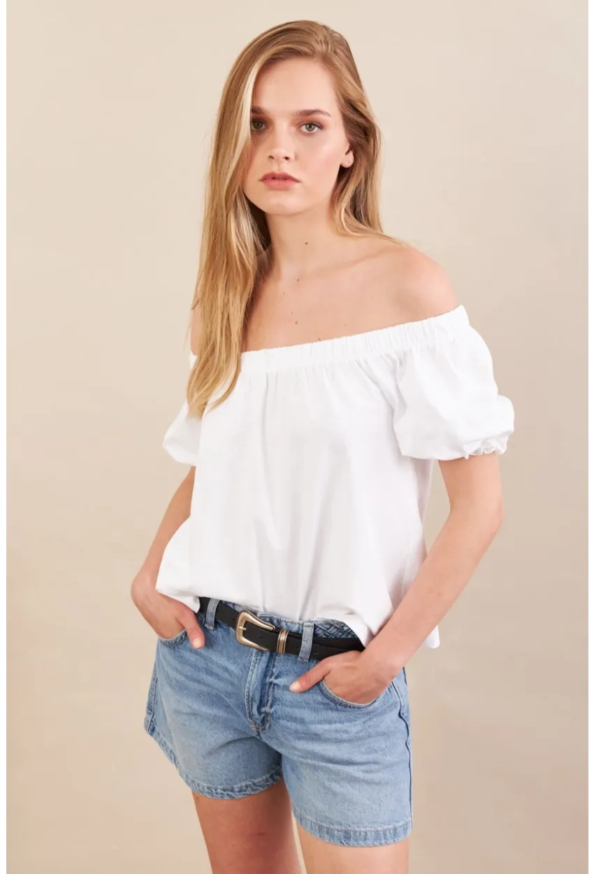 Kadın Ekru Carmen Yaka Balon Kol Bluz SAN106