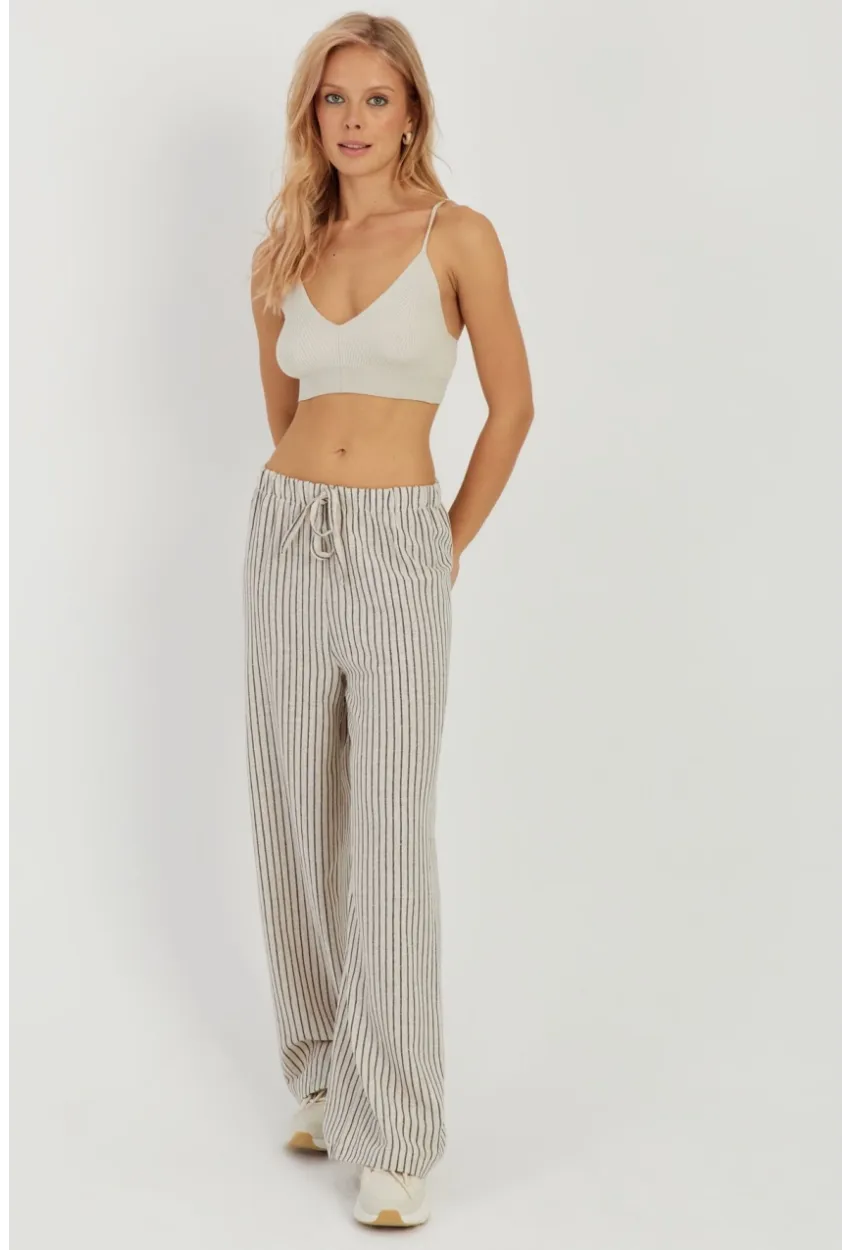 Kadın Ekru Çizgili Keten Pantolon Q986