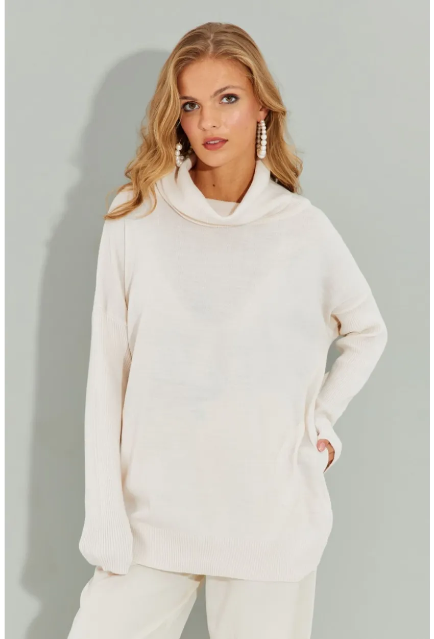 Kadın Ekru Degaje Yaka Cepli Triko Kazak YZ519