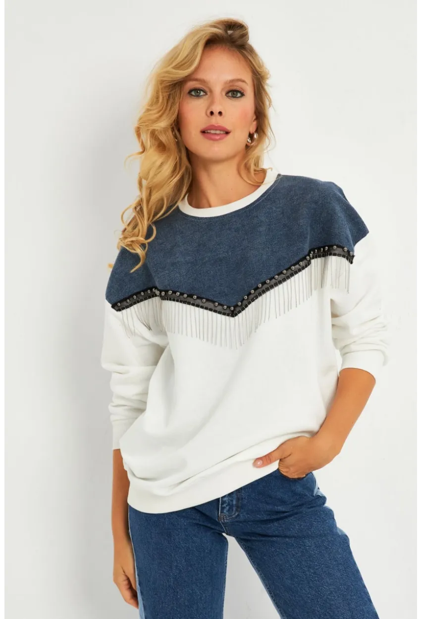 Kadın Ekru Denim Bloklu Sweatshirt PKA808