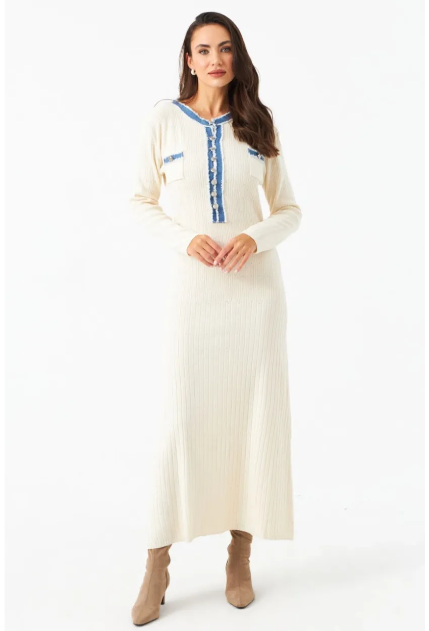 Kadın Ekru Denim Detaylı Maxi Elbise MQAS200