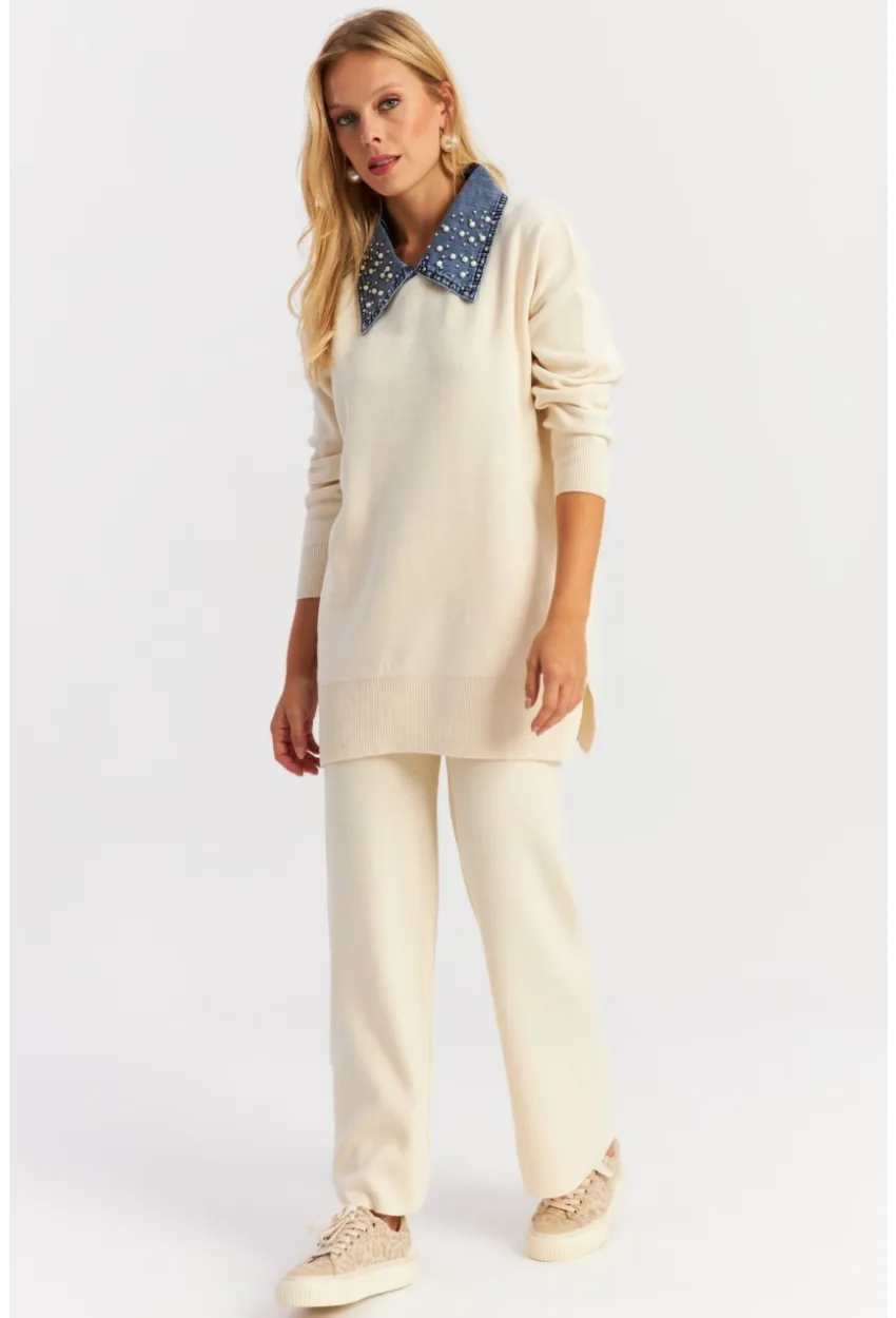 Kadın Ekru Denim Yakalı İncili Alt Üst Triko Takım NUV22