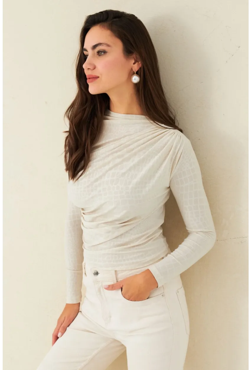 Kadın Ekru Desenli Büzgülü Bluz LPP1279