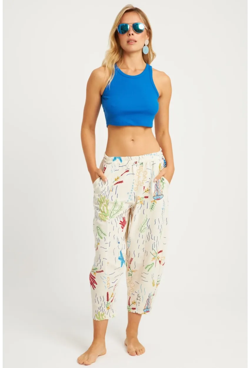 Kadın Ekru Desenli Keten Şalvar Pantolon K1253