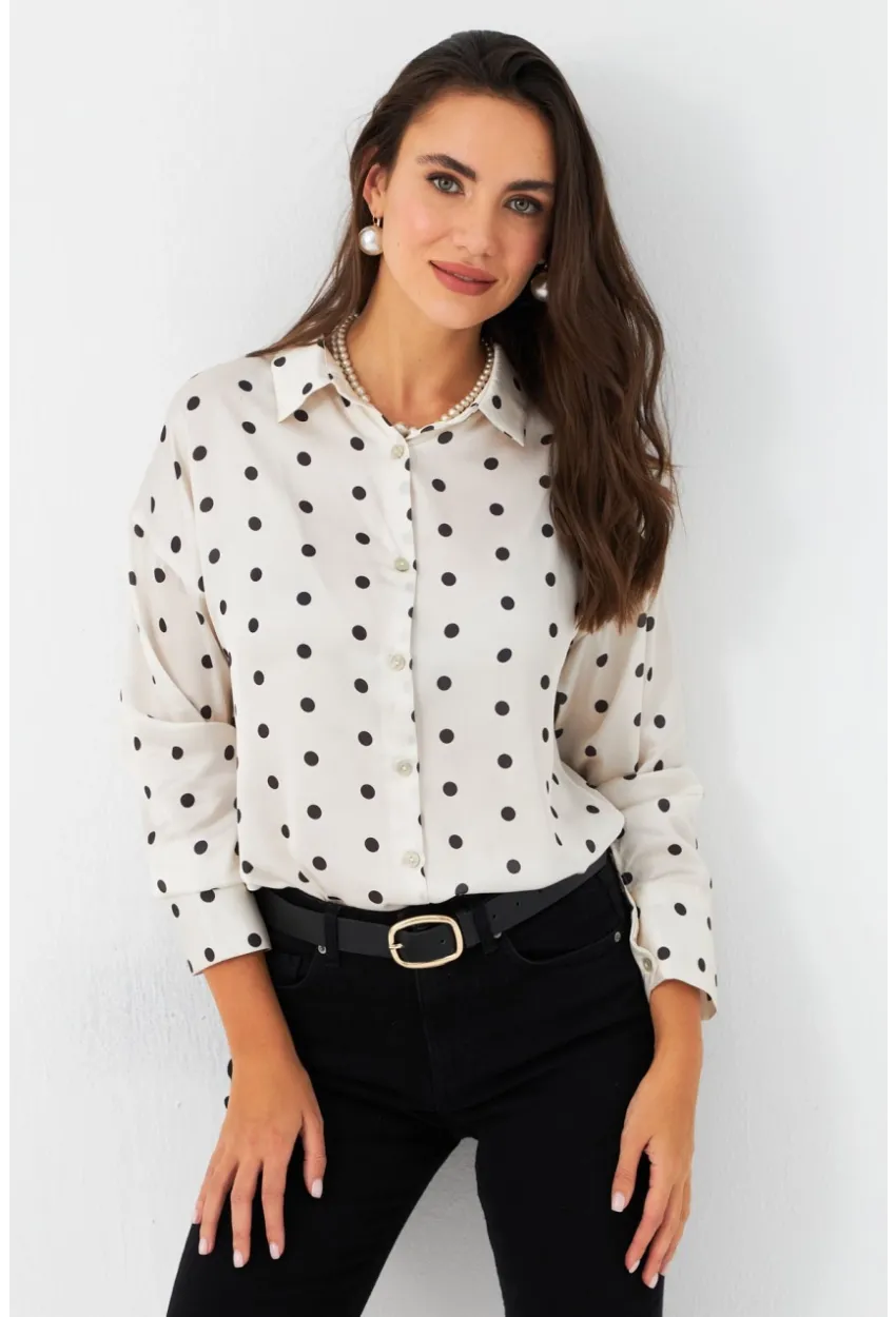 Kadın Ekru Desenli Saten Gömlek MSHR500
