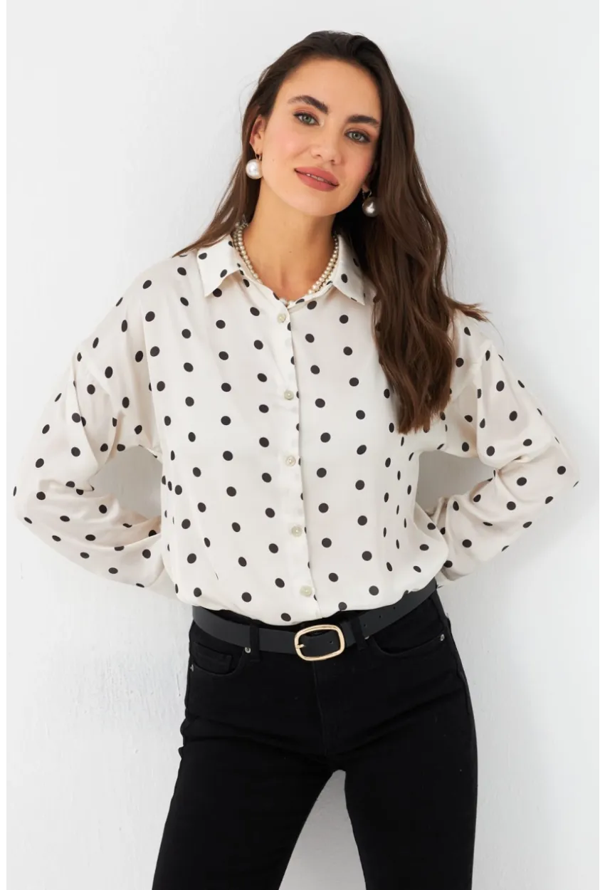 Kadın Ekru Desenli Saten Gömlek MSHR500