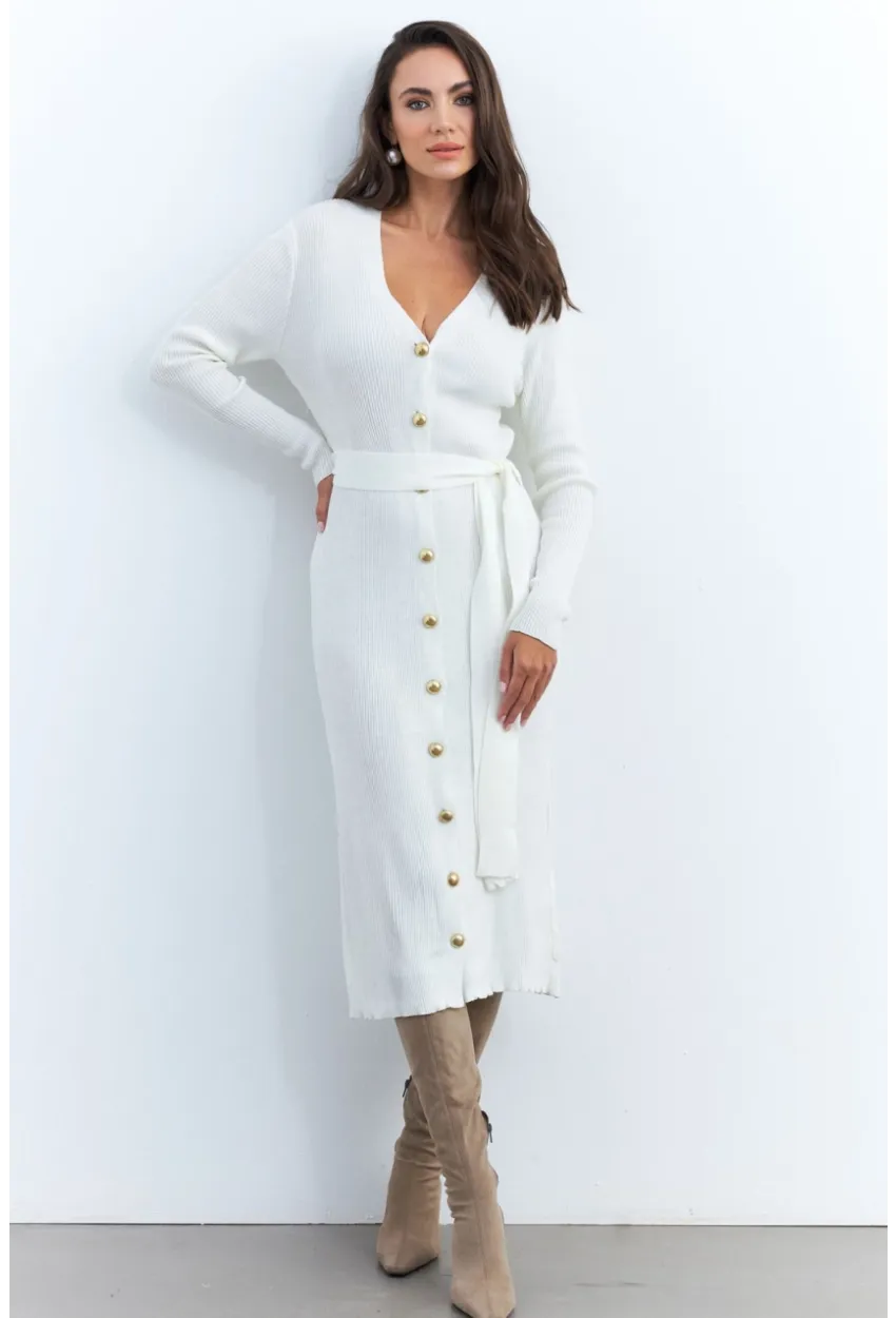 Kadın Ekru Düğme Detaylı Kuşaklı Midi Elbise MŞ1