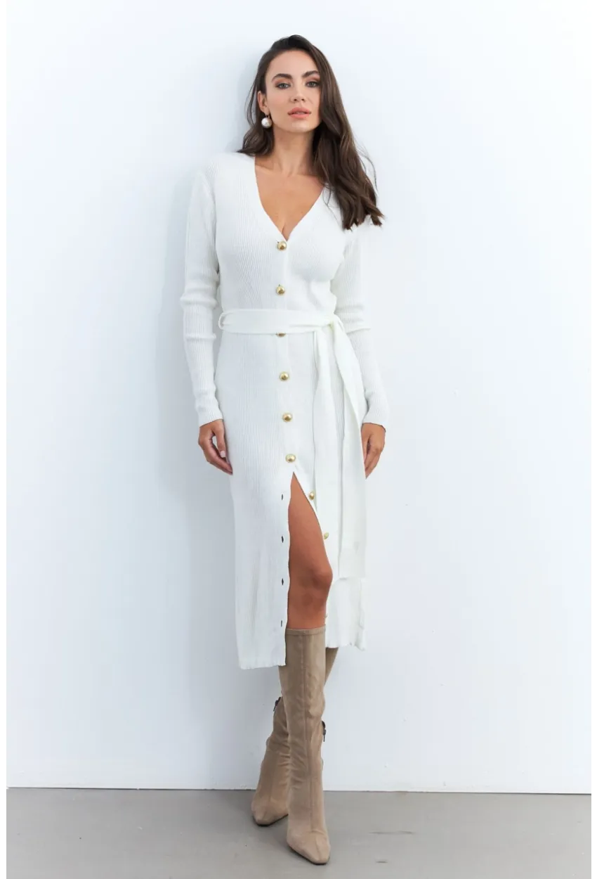 Kadın Ekru Düğme Detaylı Kuşaklı Midi Elbise MŞ1