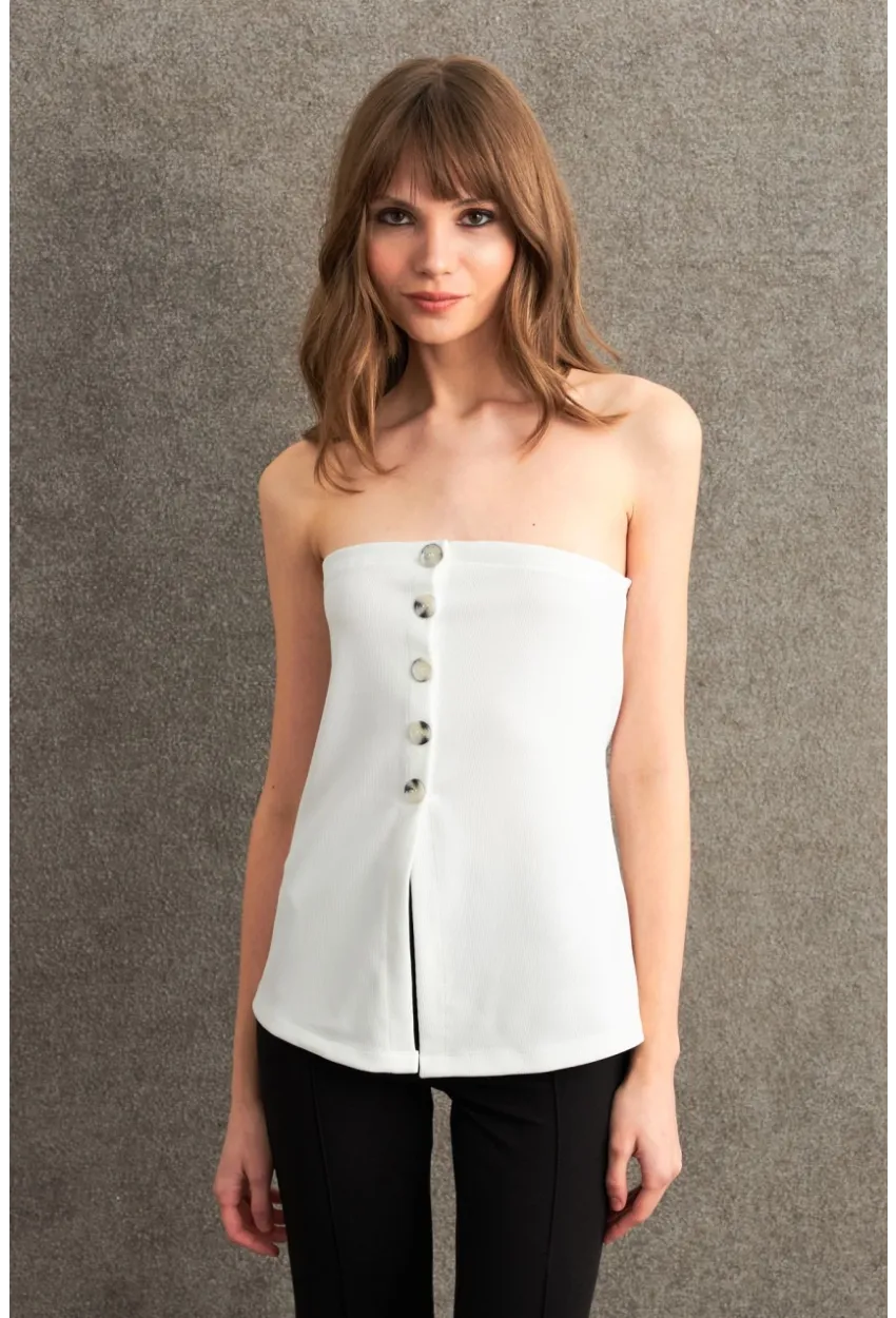 Kadın Ekru Düğme Detaylı Straplez Bluz CY355