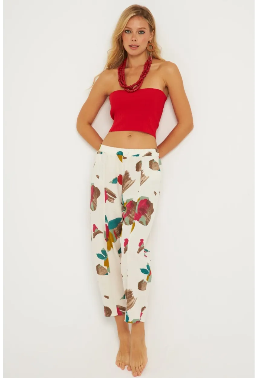 Kadın Ekru-Fuşya Desenli Keten Şalvar Pantolon K1253