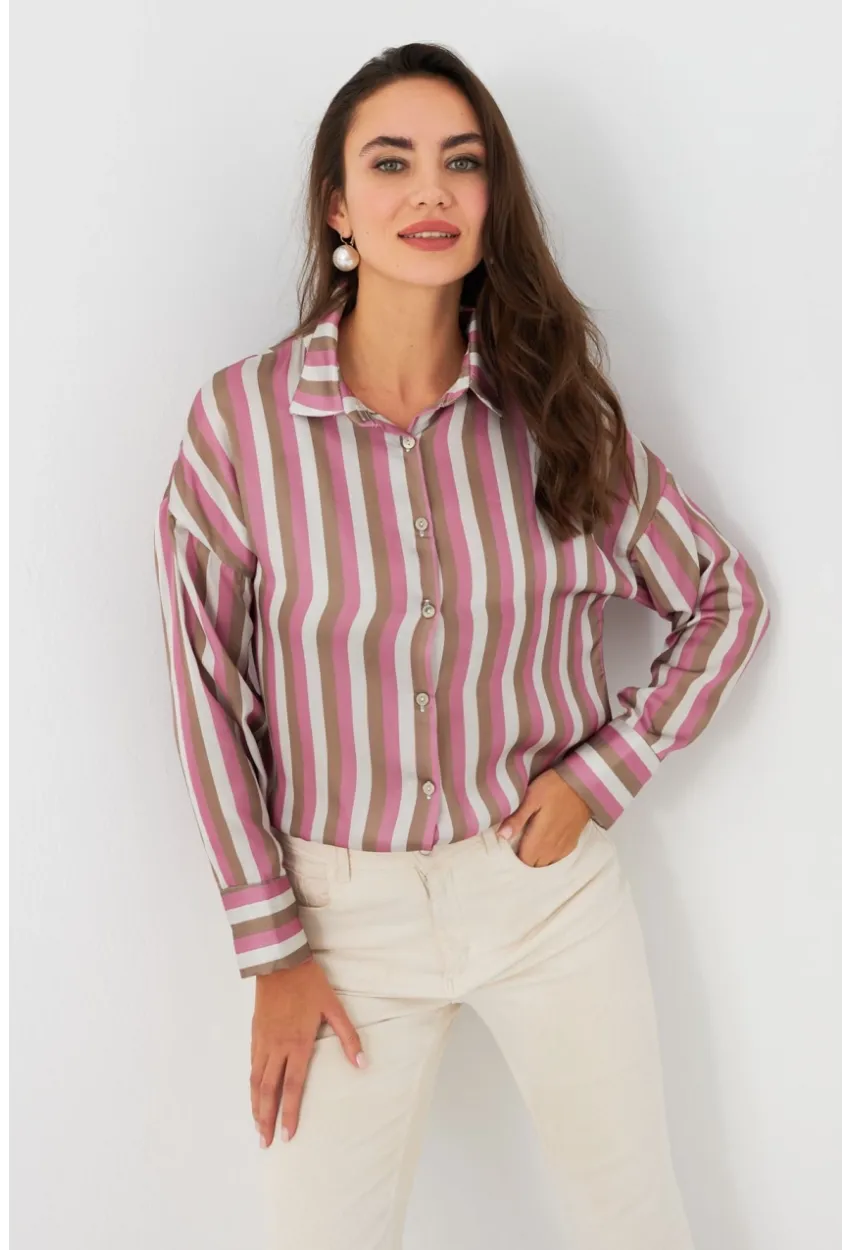 Kadın Ekru-Fuşya Desenli Saten Gömlek MSHR500