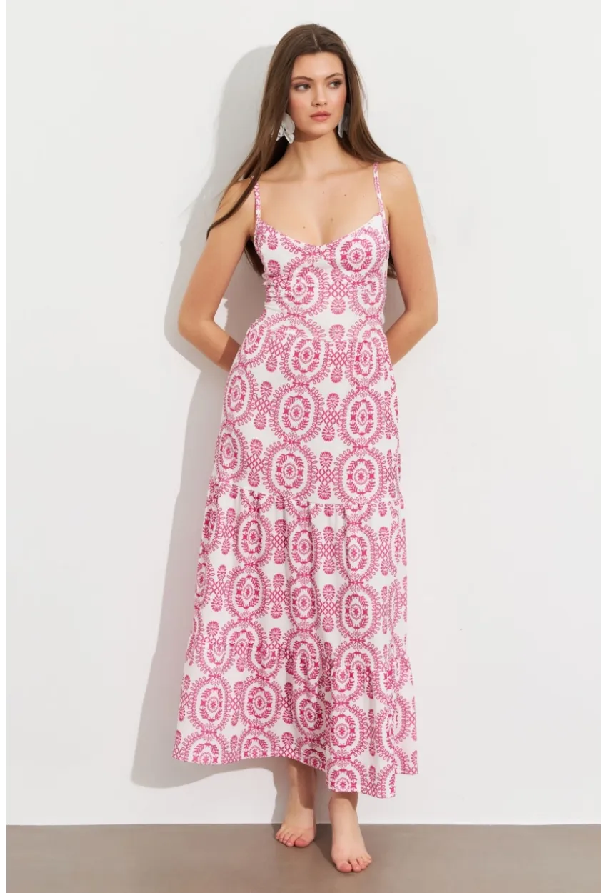 Kadın Ekru-Fuşya Sırt Dekolteli Desenli Maxi Elbise LİT110